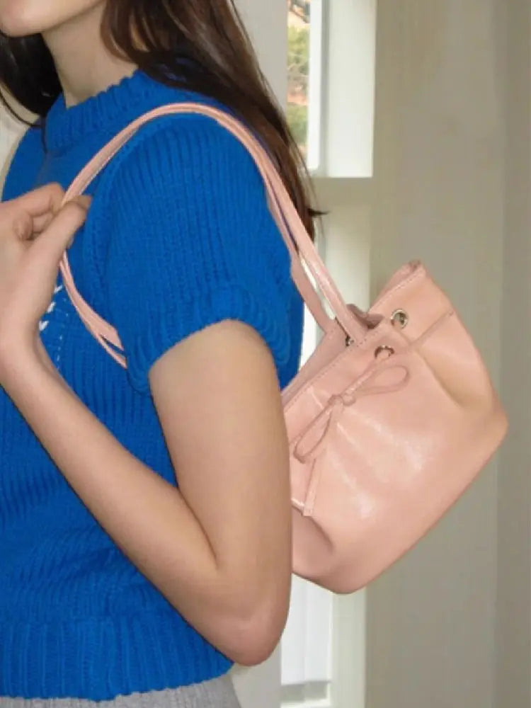 nvxiot - Harajuku Bow Blue Underarm Bags Women Hot Girls Leather Chic Casual Y2k Handbag Female Retro Cute Mini Bucket Bag 2024