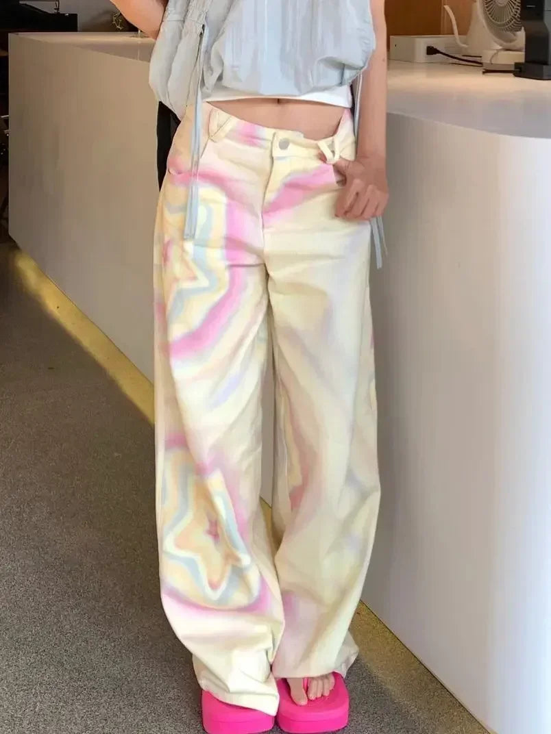 nvxiot - Paisley Rainbow Star Cute Print Jeans Denim Pant high waist y2k pants plus size clothes casual harajuku boyfriend loose straight