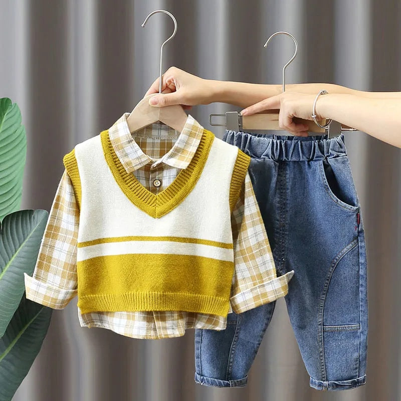 nvxiot Baby Spring Plaid Set New Boy Korean Vest Sweater + Shirt + Jeans Three-piece Sets Baby Toddler Handsome Fall Clothes Suit