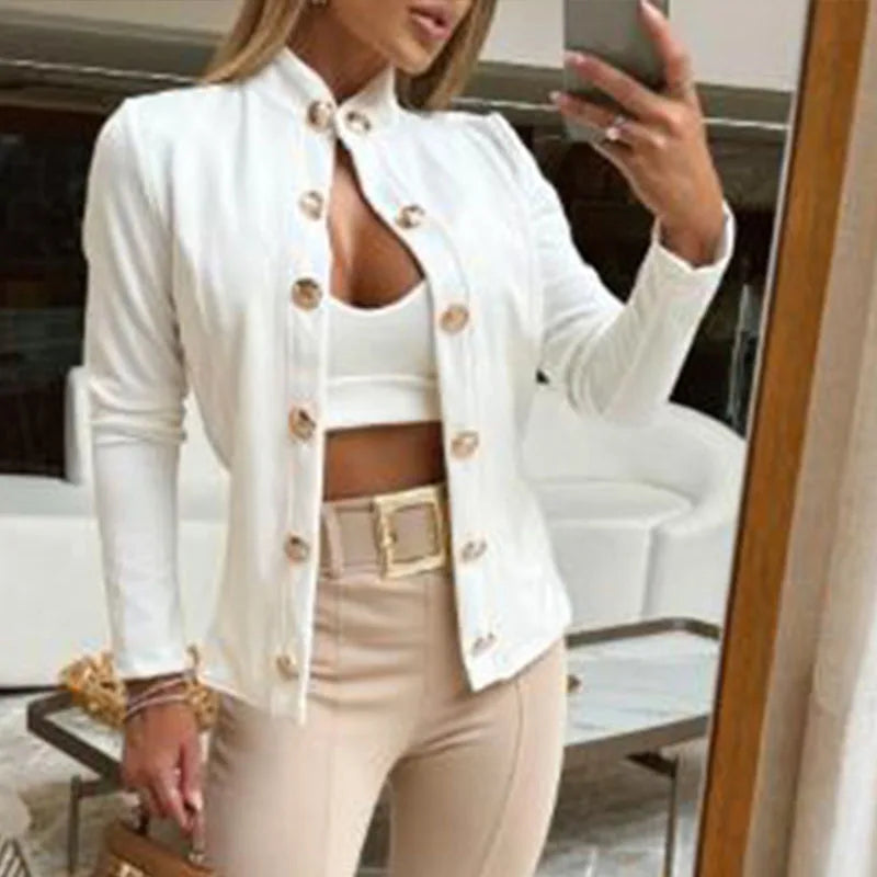 MQTIME - Fashion Stand Collar Long Sleeves Slim Blazer Women Elegant Double Breasted Solid Suit Jackets Office Casual Commuter Coat Tops