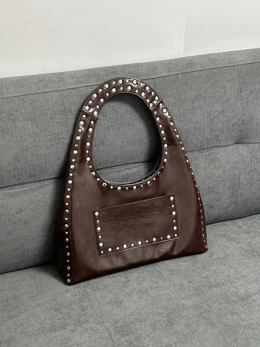 nvxiot - 24 new retro rivet decorative shoulder bag European and American motorcycle wind oil wax leather armpit handbag for women