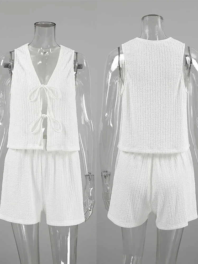 MQTIME - Casual Shorts Set For Women 2 Pieces Loose Lace Up V Neck Fashion Solid Sets 2024 Summer Sleeveless Elastic Waist Women's Suit