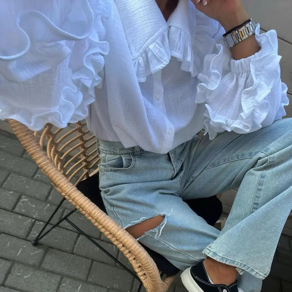 nvxiot - Spring Casual Ruffle Doll Collar Shirts Loose Puff Sleeve Single Breasted Blouses 2024 Fashion Long Sleeved Lady Cardigan