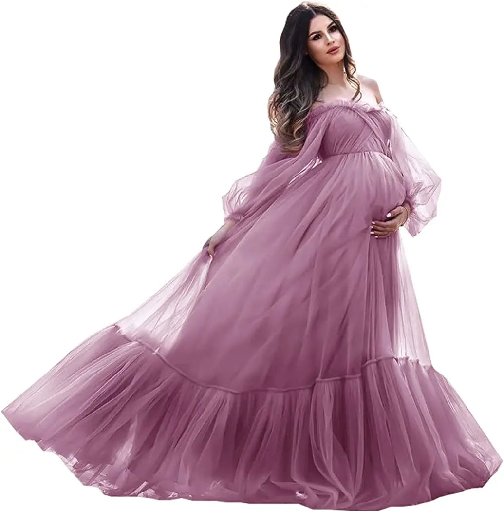 nvxiot - Puffy Sleeve Maternity Dress Tulle Robe With Underskirt for Photoshoot Off Shoulder Pregnancy Baby Shower Gown