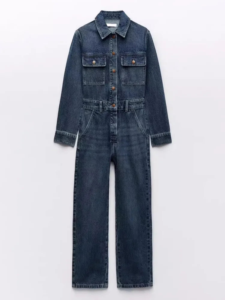 MQTIME - Blue Lapel Long Sleeved Jumpsuit For Women With A Stylish Front Pocket Embellishment, Straight Leg Long Denim Jumpsuit