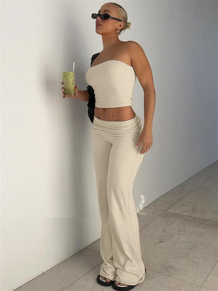MQTIME - 2 Pieces Fold Over Flared Pants Women's Matching Sets Strapless Tube Top Trousers Solid Color Slim Outfit Leisure Suit