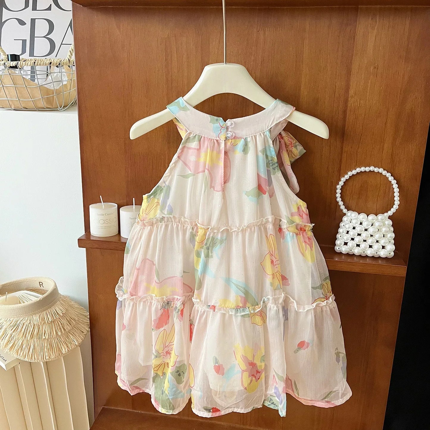 MQTIME - Summer Korean Children Girl Vestidos Cotton Sleeveless Floral Printed Baby Girls Dress Straps Tulle Toddler Girls Princess Dress