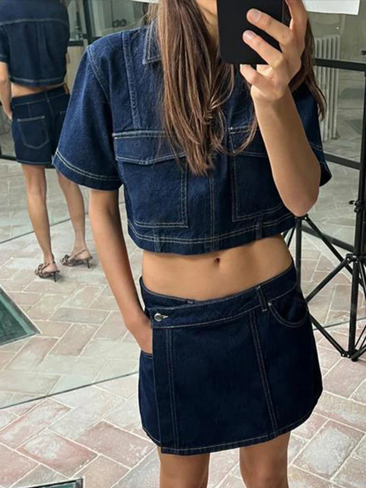 MQTIME - Denim Crop Coat Skirt Shorts 2 Piece Sets Women Fashion V-neck Short Sleeve Pocket Coats High Waist Short Summer Lady Streetwear