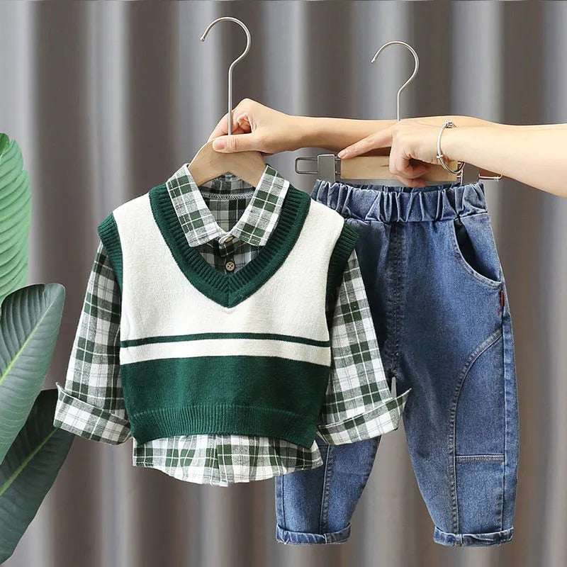nvxiot Baby Spring Plaid Set New Boy Korean Vest Sweater + Shirt + Jeans Three-piece Sets Baby Toddler Handsome Fall Clothes Suit
