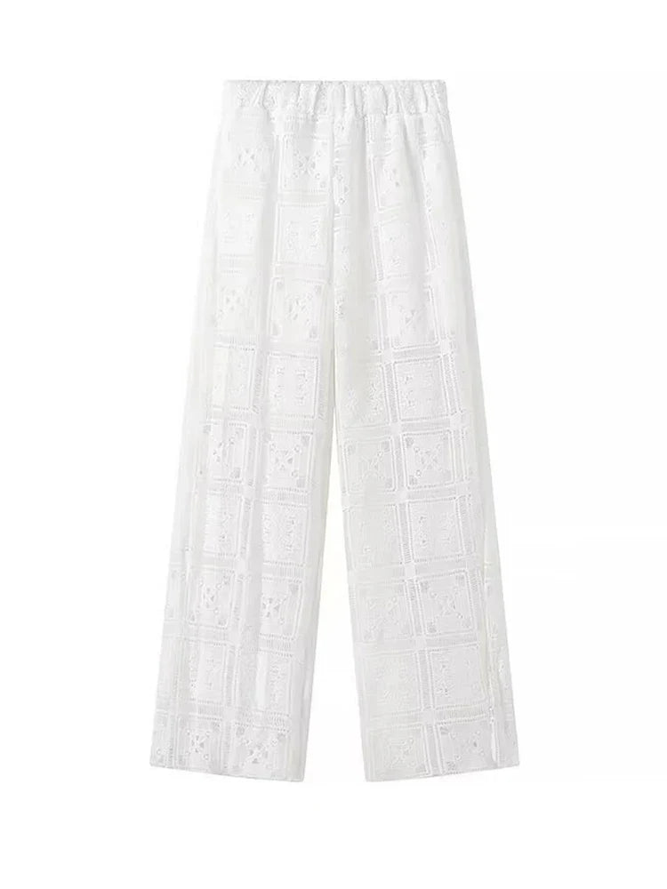 MQTIME - Hollow Out Solid Lace Pant Set Women O-neck Hook Pullover Top High Waist Trouser Suit 2 pieces 2024 Summer All-matching Outfits