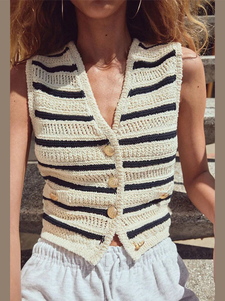 MQTIME - Knitted Stripes V-neck Cardigan Women Elegant Sleeveless Metal Single-Breasted Vests Female Chic Casual Slim Fit Vest Coats
