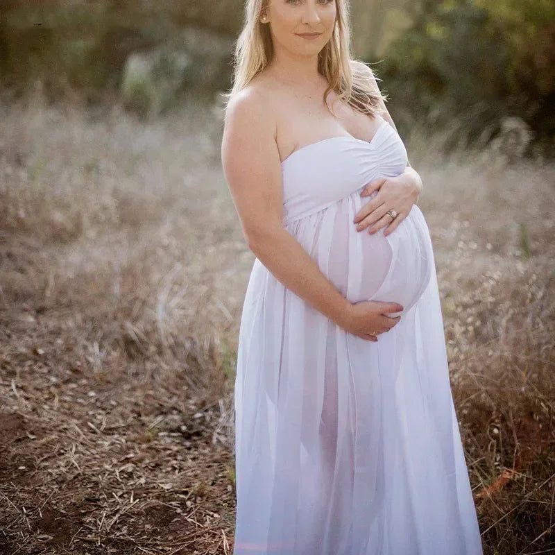 nvxiot - Maternity Summer Leisure Dresses Sexy Shoulderless Photo Shoot Women Front Open Cotton Chiffon Pregnancy Dress Photography Props