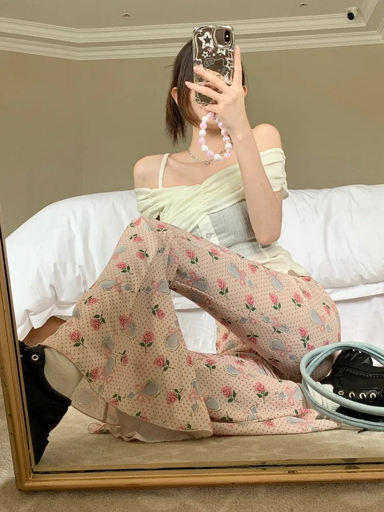 nvxiot - 2024 New Summer Y2k Style Long Pants for Women Spicy Girls Flower Printed Pink Trouses Chic High Waist Slim Flare Pantalones