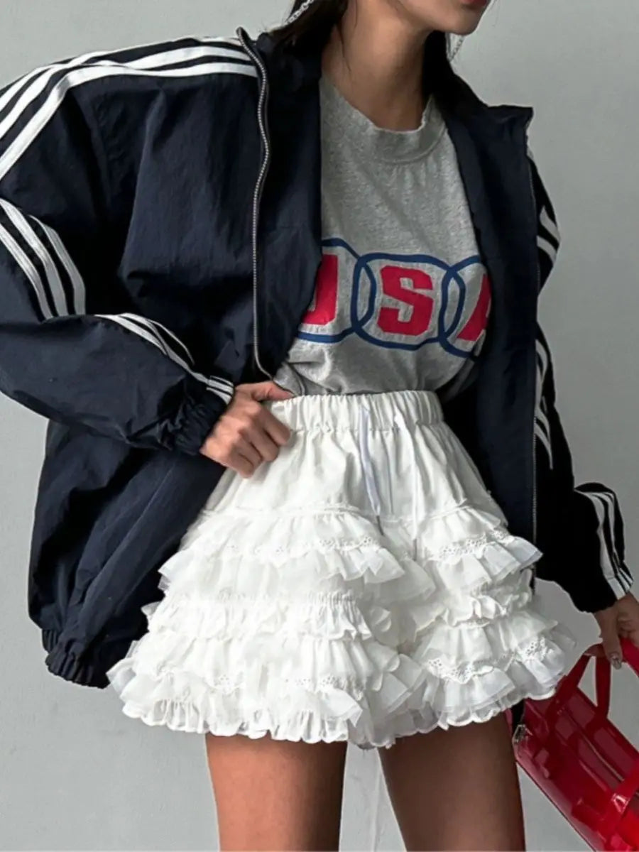 MQTIME - Korean Style Summer New Academy Style White Cake Shorts Lace Sweet Cool Girl High Waist Slimming Fluffy Short Skirts for Women