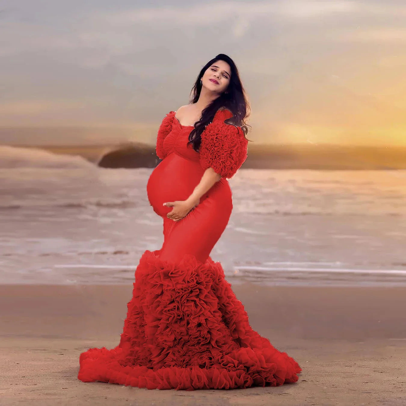 nvxiot - Women Dresses Stretchy Elegant Pink Mermaid Maternity Dress Half Sleeves Tulle Layered Maternity Gowns Off Shoulder