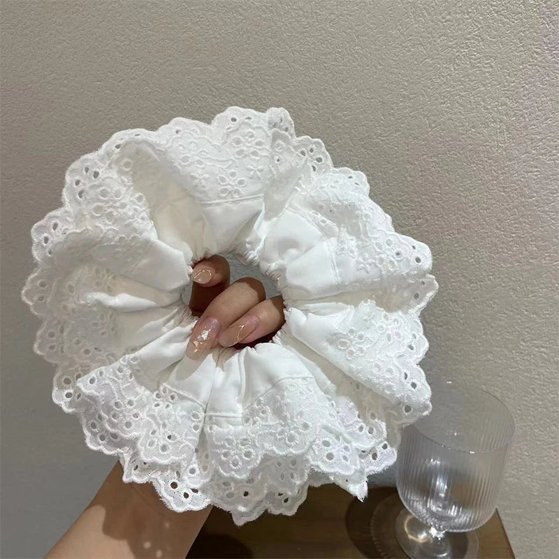 nvxiot - Retro Korean Flower Lace Scrunchies Four Layer Women Girls Exquisite Elastics Plaid Large Intestine Hair Holder Sweet INS Access