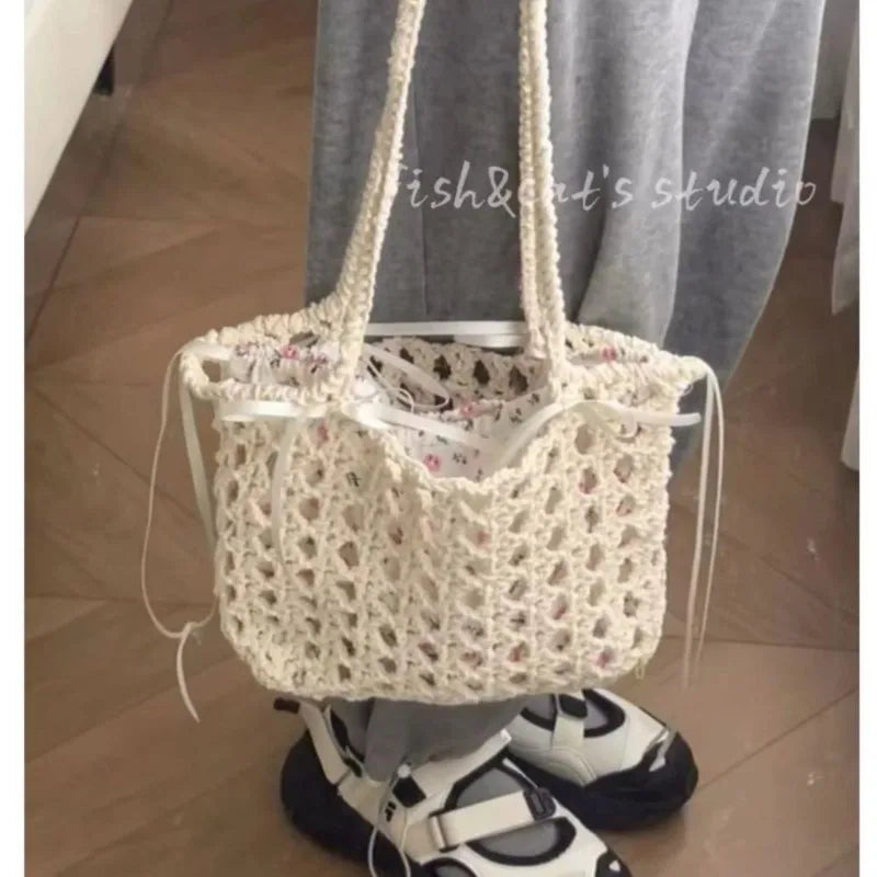 nvxiot - Fairycore Floral Straw Bag Purse Women Summer Holiday Large Capacity Woven Handbag Ladies Retro Cute Beach Bag Aesthetic
