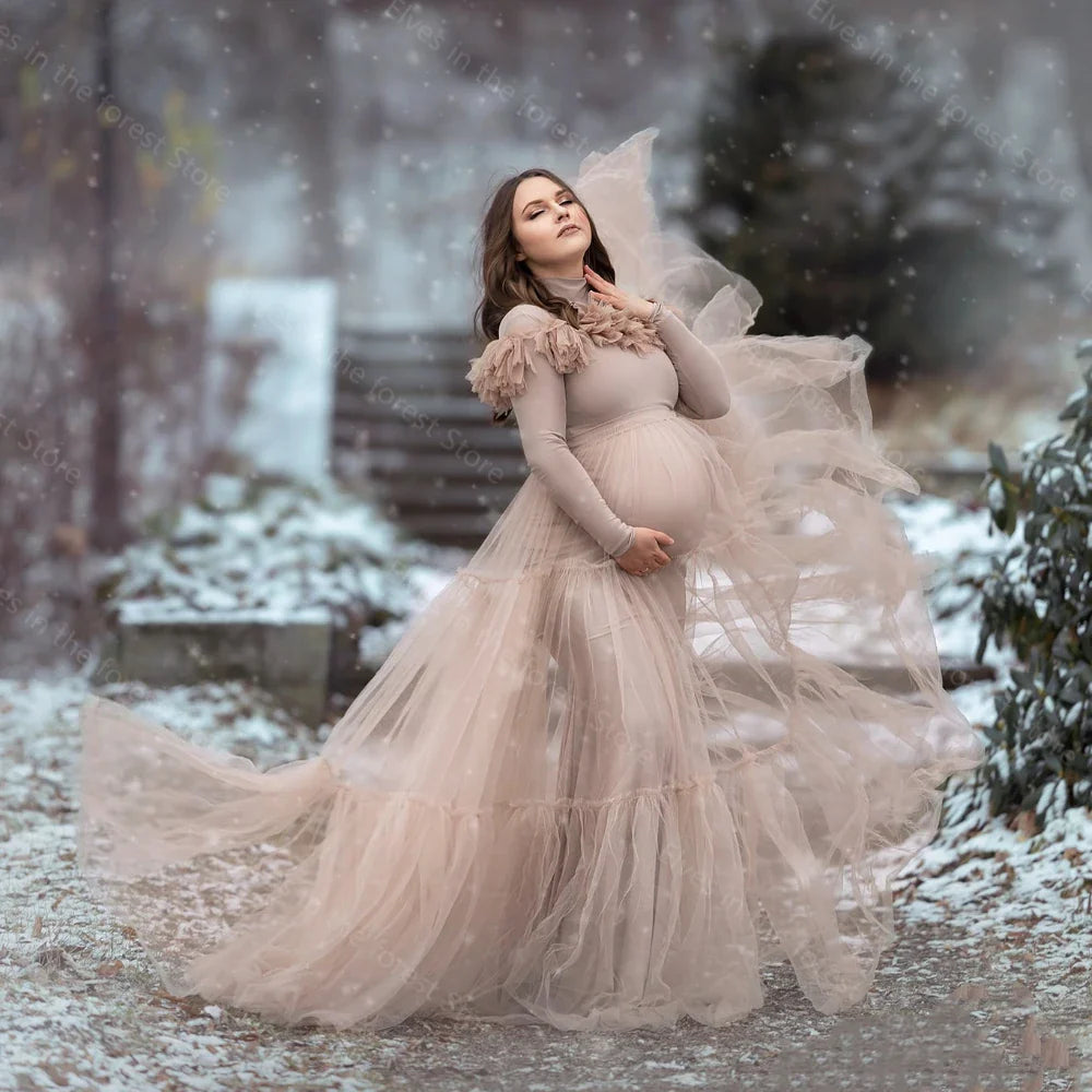 nvxiot - Vintage Mermaid Maternity Dresses High Neck Long Sleeves Pregnant Gowns With Detachable Train Bathrobes for Photo Shoot