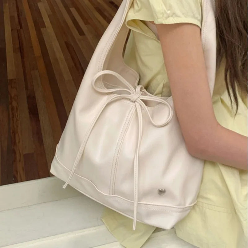 nvxiot - White Elegant Shoulder Bag for Women Korean Style Fashion Solid Color Tote Bag Pu Leather Casual Designer Ladies Handbag