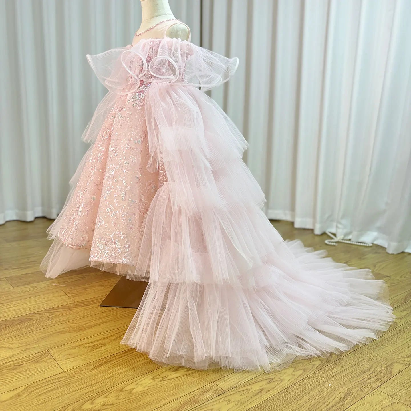 MQTIME - Sparkly Arabic Pink Girl Dress Beaded Pearls Dubai Kids Princess Birthday Wedding Party Ball Formal Gown 2024 J047