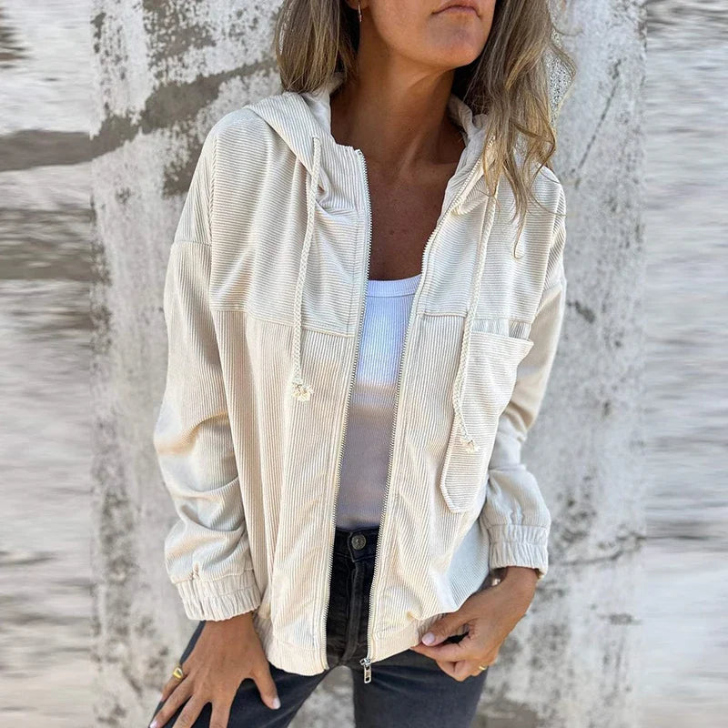 MQTIME - Casual Pocket Long Sleeved Commuter Outerwear New Simple Solid Color Corduroy Jacket Autumn Vintage Zipper Hooded Women's Coat