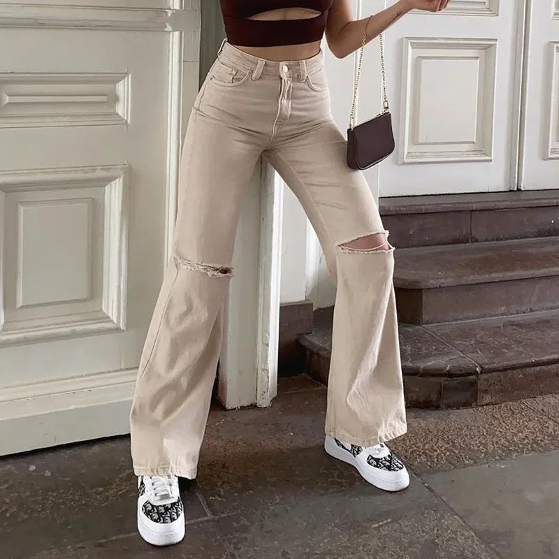 nvxiot - New Apricot Autumn Casual Wide-leg Pants with Holes In The Knees Solid Color High-waist Denim Trousers Women Streetwear