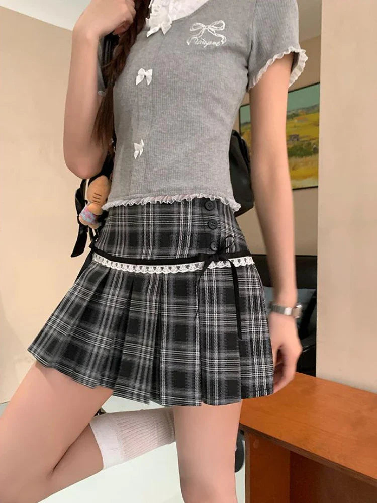 MQTIME - Harajuku Plaid Pleated Skirts for Women Kawaii Lace Mini Skirt with Bow Preppy Style Korean Fashion Uniform Clothes Chic