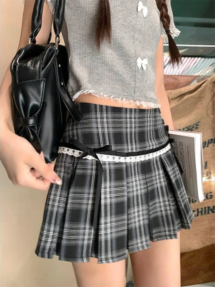 MQTIME - Harajuku Plaid Pleated Skirts for Women Kawaii Lace Mini Skirt with Bow Preppy Style Korean Fashion Uniform Clothes Chic