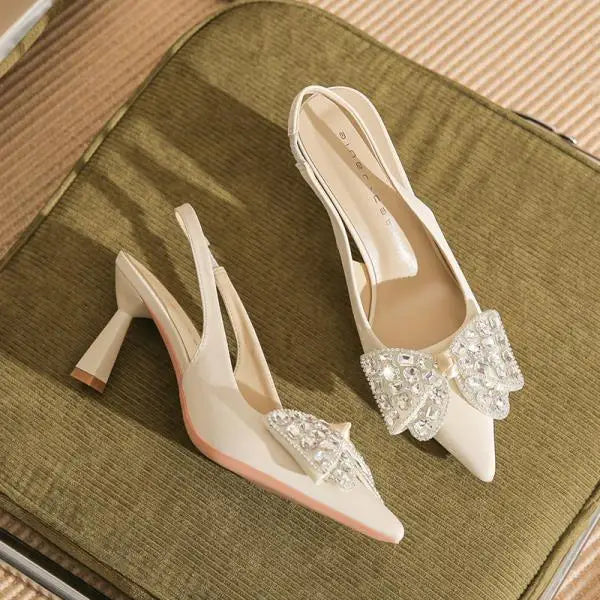 MQTIME - Comfort Shoes for Women Beige Heeled Sandals Black Bow Stiletto Clear Low 2024 Pointed Open Rhinestone Girls High Closed Sweet R