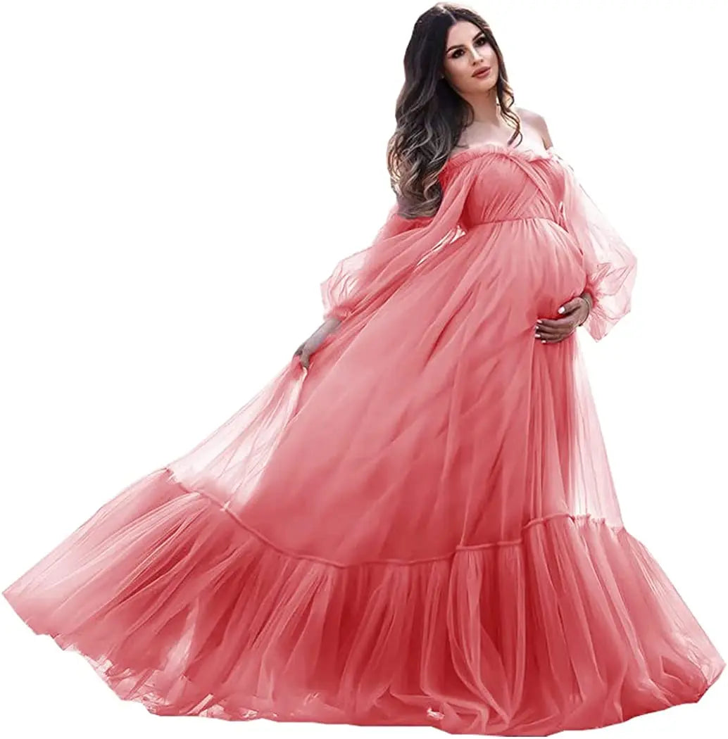 nvxiot - Puffy Sleeve Maternity Dress Tulle Robe With Underskirt for Photoshoot Off Shoulder Pregnancy Baby Shower Gown