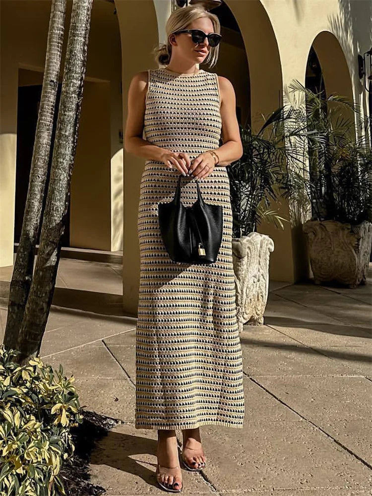 nvxiot - Striped See-Through Long Dress Female Elegant Sleeveless High Waist Patchwork Fashion Beach Dress Knit Maxi Dress Summer