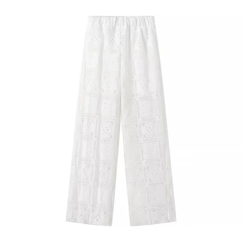 MQTIME - Hollow Out Solid Lace Pant Set Women O-neck Hook Pullover Top High Waist Trouser Suit 2 pieces 2024 Summer All-matching Outfits