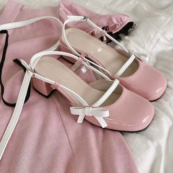 MQTIME - Cute Pink Round Toe Slingback Sandals Fashion Chunky High Shallow Patent Leather Sandals 2024 Luxury Women Pumps