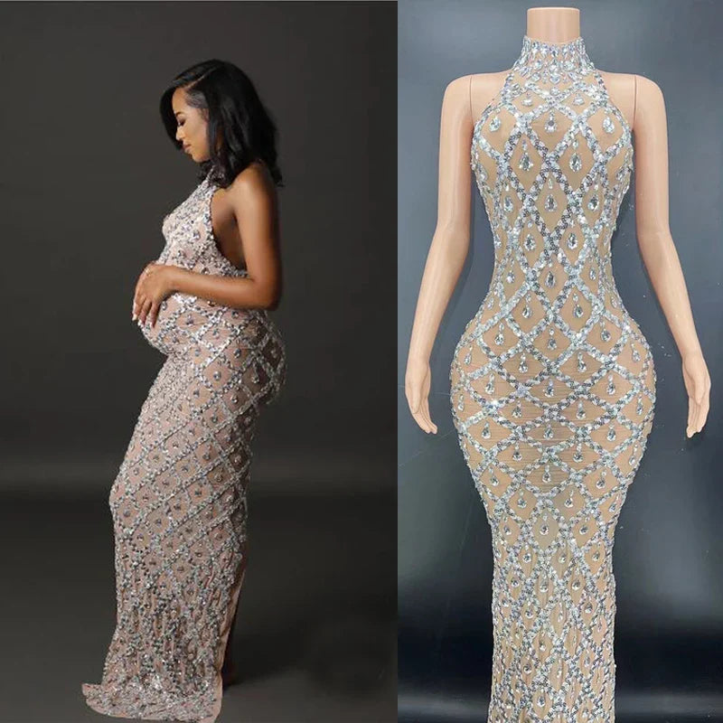 MQTIME - Embellished Maternity dress for pregnancy photoshoot Sexy sparkling Rhinestone Ladies evening sleeveless Dresses