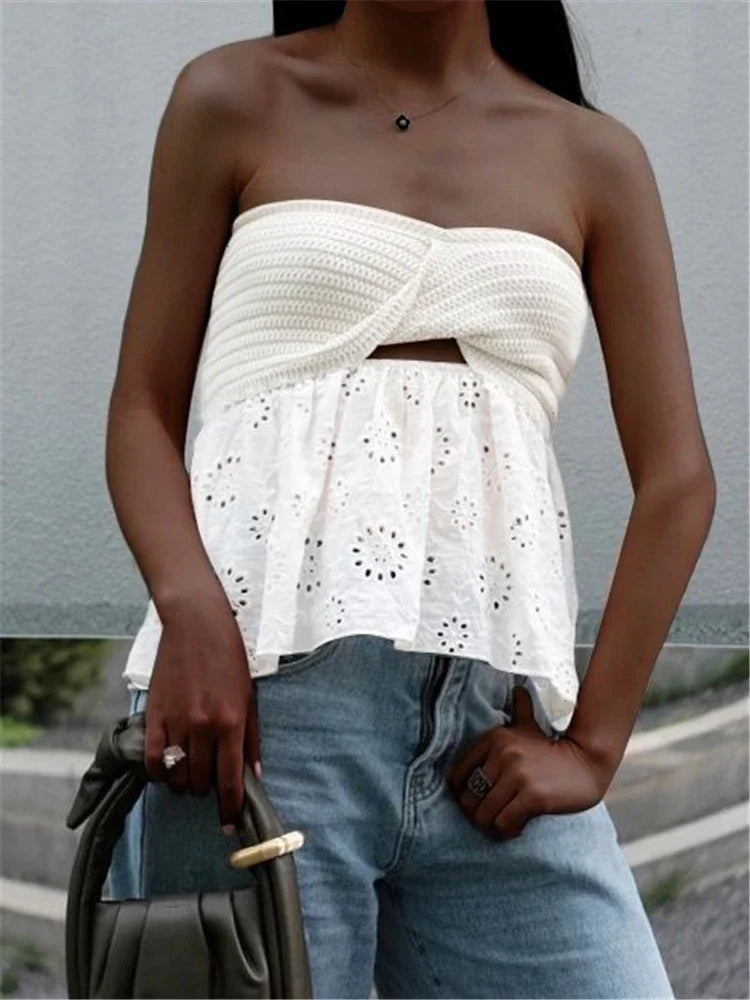 MQTIME - White Tube Top Knit Twist Crop Top Women Elegant Lace Mesh Strapless Corset Top Korean Sexy Streetwear Cute Chiffon Blouse