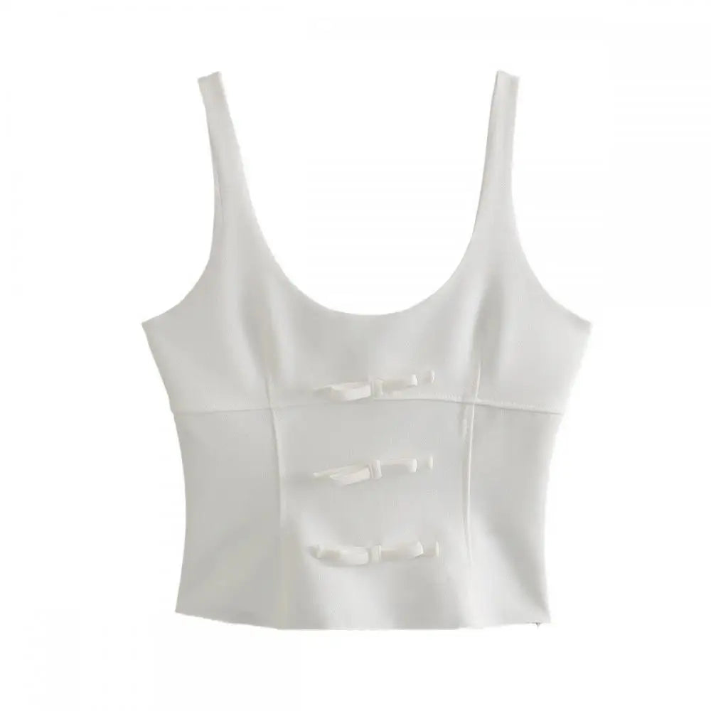 MQTIME - Elegant Plain Bow Camisole Tank for Woman White Slim Fit Camisole Tank with Zipper Summer New Fashion Short Vest Woman Clothing