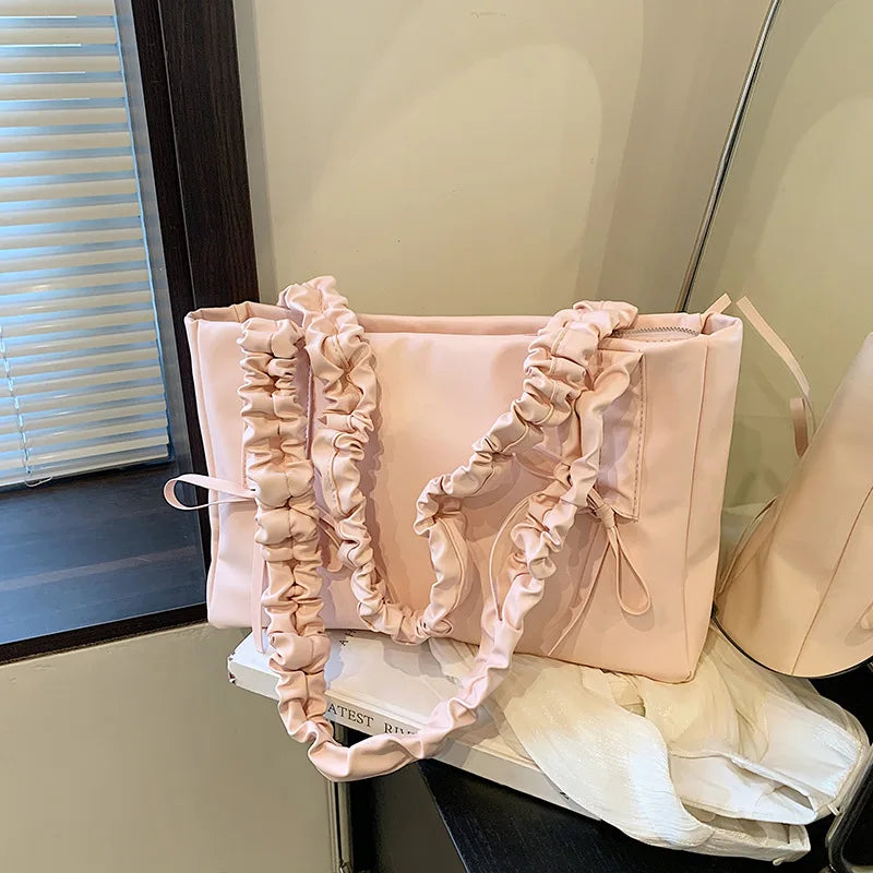 nvxiot - Pink Blue White Bow Pu Handbags Fashion Simple Big Capacity Casual Shoulder Bags For Women Trendy Daily Party Tote Handbags 2024