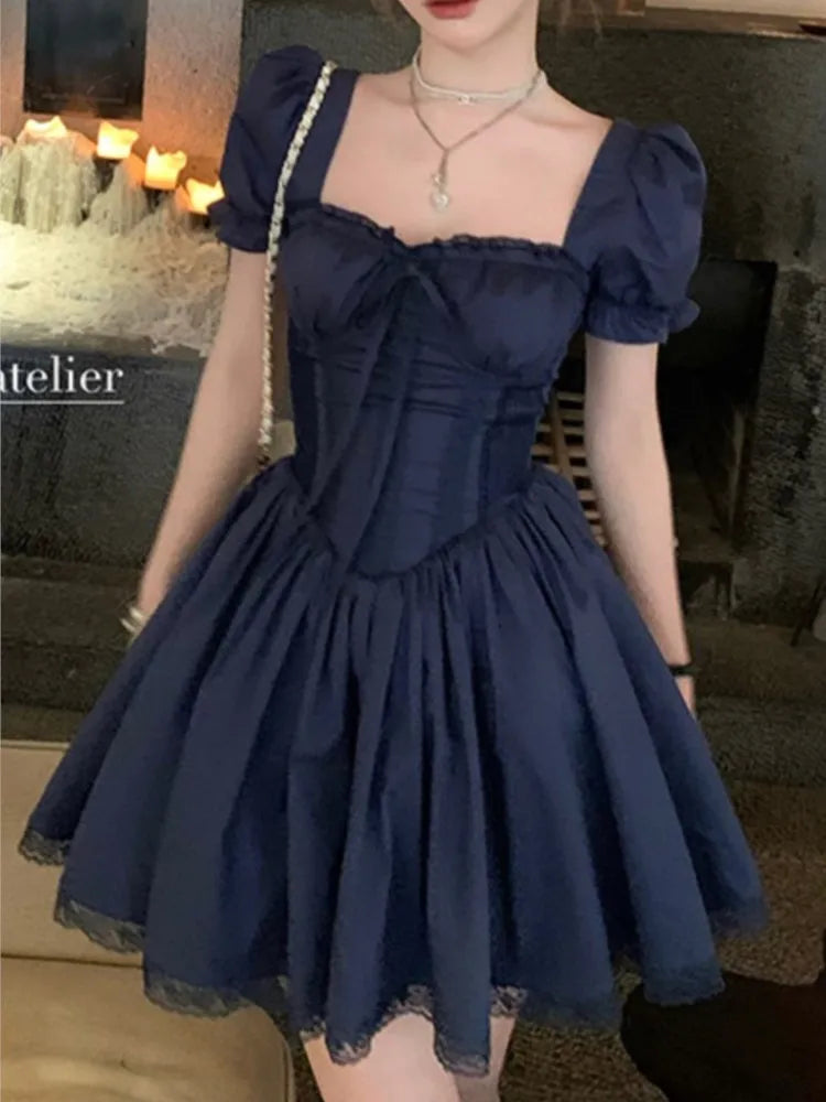 MQTIME - Y2K Princess Lace Patchwork Kawaii Dress Women Square Collar Off Shoulder Lace Up A-line Puff Sleeve French Style Party Dresses
