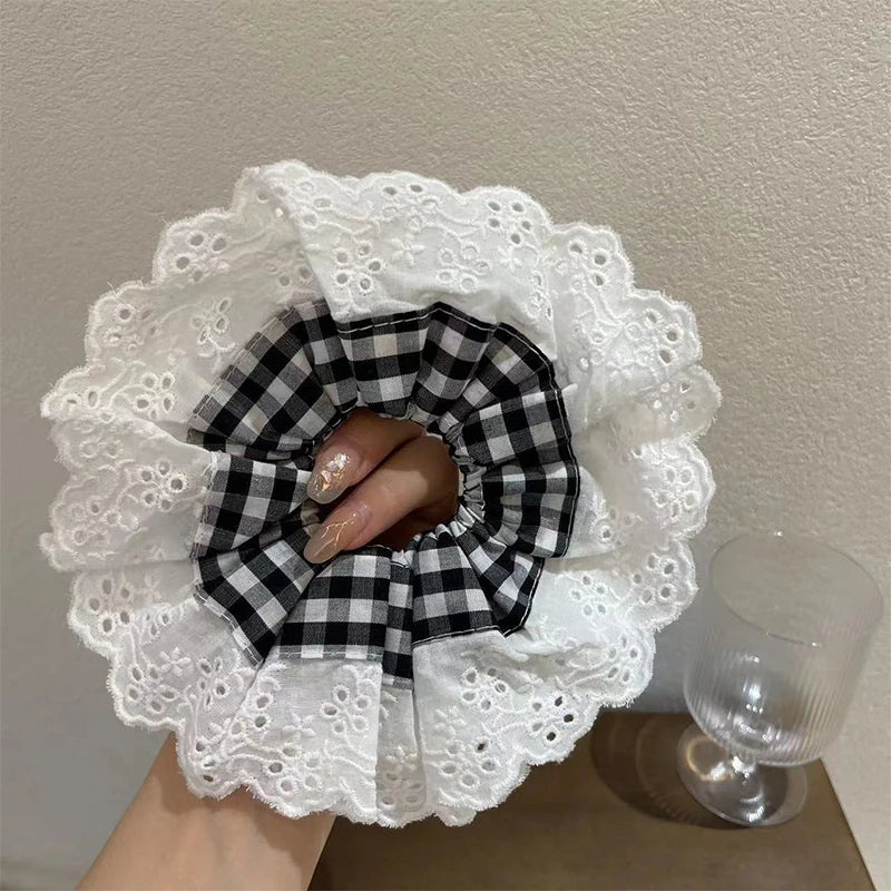 nvxiot - Retro Korean Flower Lace Scrunchies Four Layer Women Girls Exquisite Elastics Plaid Large Intestine Hair Holder Sweet INS Access
