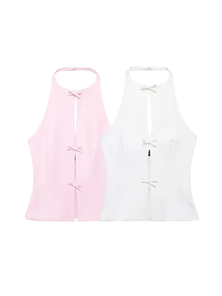 MQTIME - 2024 Summer Women's Gentle Bow-trimmed Vest Tops Halterneck Solid Off-shoulder Sleeveless O Neck Elegant Chic Tank Tops