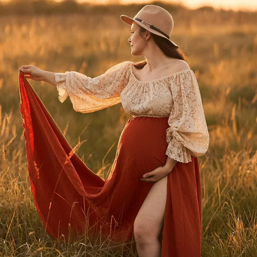 nvxiot - Maternity Dresses For Photo Shoot Two Piece Lace Top and Linen Cotton Skirt Vintage Boho Photography Dress for Baby Showers