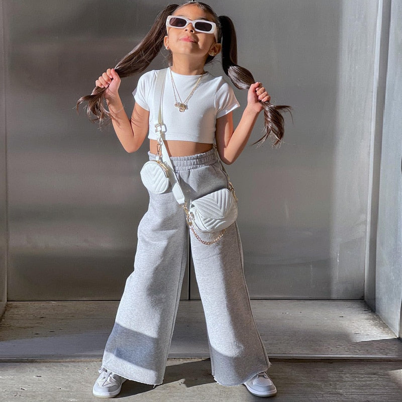 nvxiot Child Girl 2pcs/set Short Sleeve White Crop Tops+High Waist Sport Pants Clothing Suits Baby Kids Girl Fashion Outfits Children's