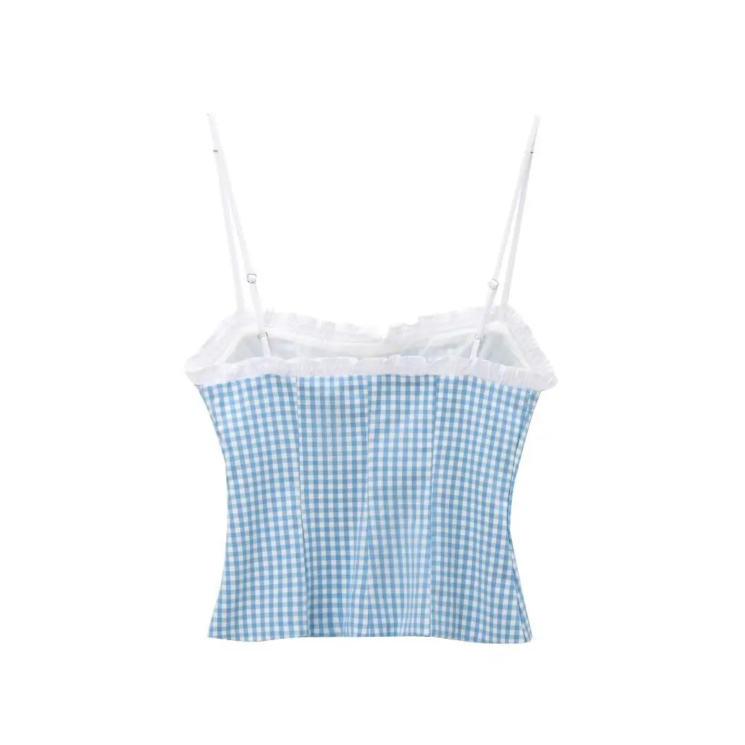 MQTIME - Woman's Fashion Sexy Slim Tank Top Blue Plaid Sleeveless Backless Bow Lace-Up Decorate Summer Short Tops Woman Trendy