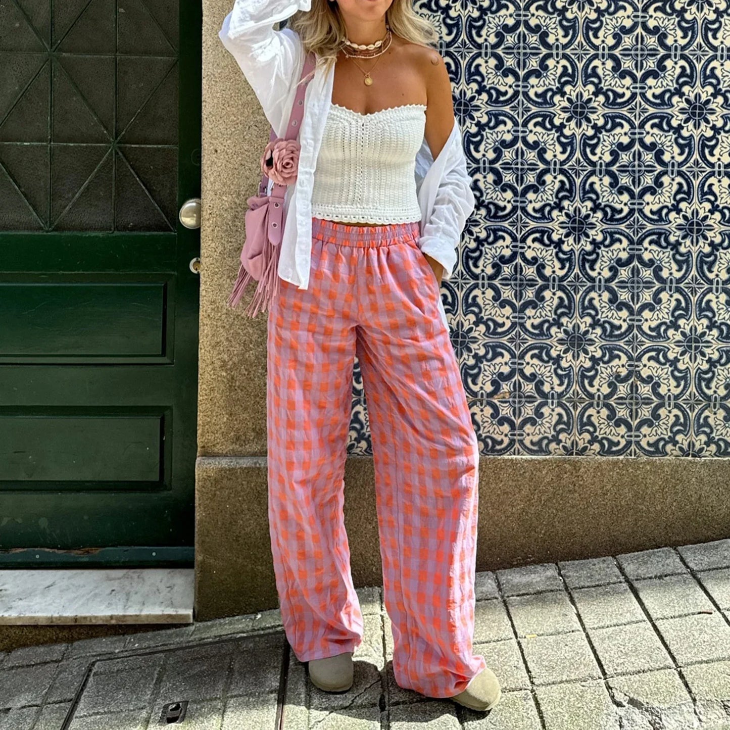 nvxiot - Y2K Womens Plaid Print Pants Vintage Elastic High Waist Wide Leg Loose Fit Trousers Casual Pull On Long Pants Streetwear