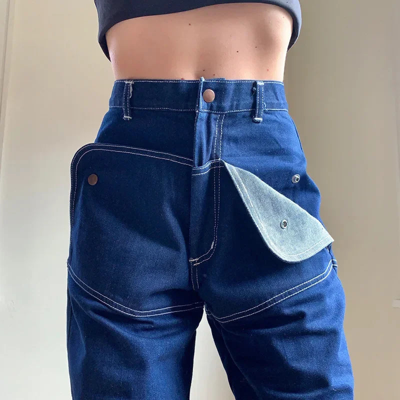 nvxiot - Street Fashion Contrast Colors Open-line High Waist Straight Pants Women Unique Pocket Design Patchwork Jeans Indie Denim Pants