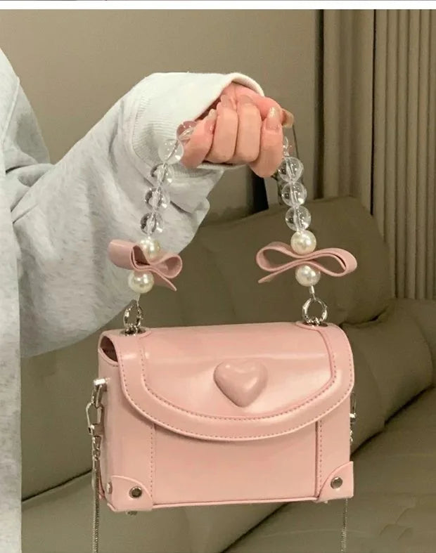 nvxiot - Sweet Pink Messenger Bag Women Fairycore Aesthetic Handle Pearl Chain Crossbody Bags Ladies Harajuku Heart Y2k Hand Bag