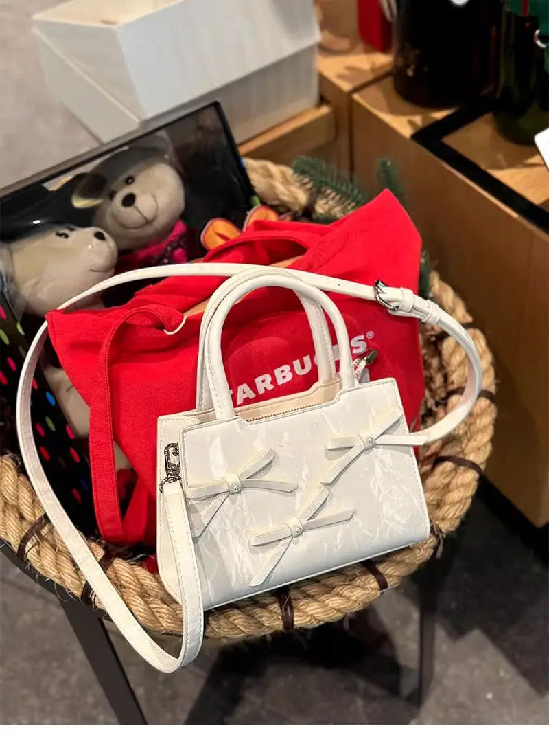 nvxiot - Hot Girls Bow White Mini Tote Bag Women Sweet Cool Bow Chic Leather Y2k Hand Bag Ladies Harajuku Aesthetic Messenger Bag