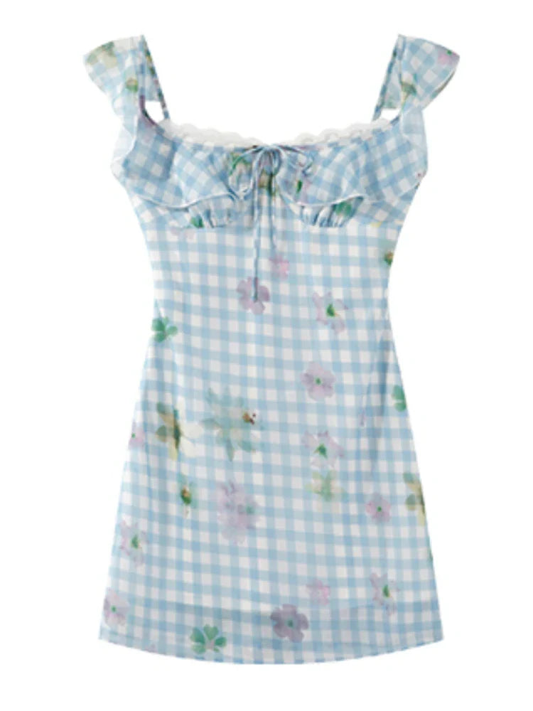 MQTIME - Casual Beach Party Mini Dress Women Sweet Flower Print Sleeveless Pleated Floral Dress Lace Patchwork Fashion Elegant Clothing