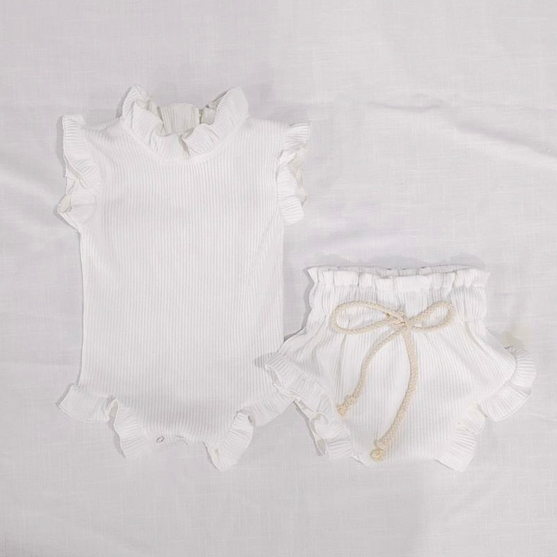 nvxiot 2Pcs Infant Baby Girl Clothes Set Waffle Cotton Ruffle Newborn Vest Romper Tops Bloomer Shorts Suit Baby Summer Outfits Clothing