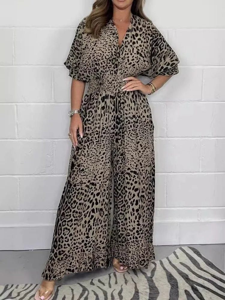 MQTIME - Leopard Print Casual loose Jumpsuits for Women Sexy Elegant Long Straight Pants Busineess Wide Leg Jumpsuit Dressy Party
